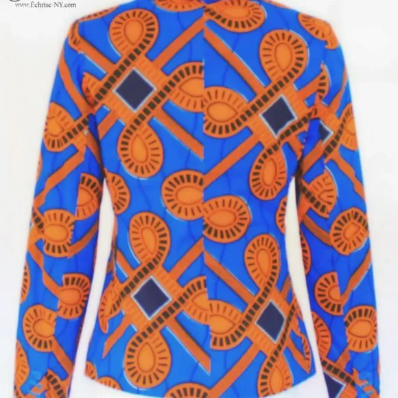 NWT Geometric African Print Blazer - B1473 Blue & Orange - Picture 3 of 4
